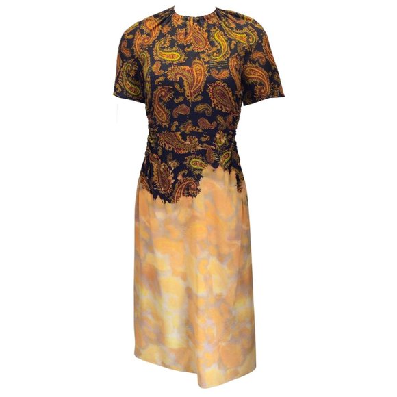 ROKH BLACK / GOLD MULTI PAISLEY PRINTED SHORT SLEEVED GATHERED SILK MIDI DRESS - Picture 1 of 5